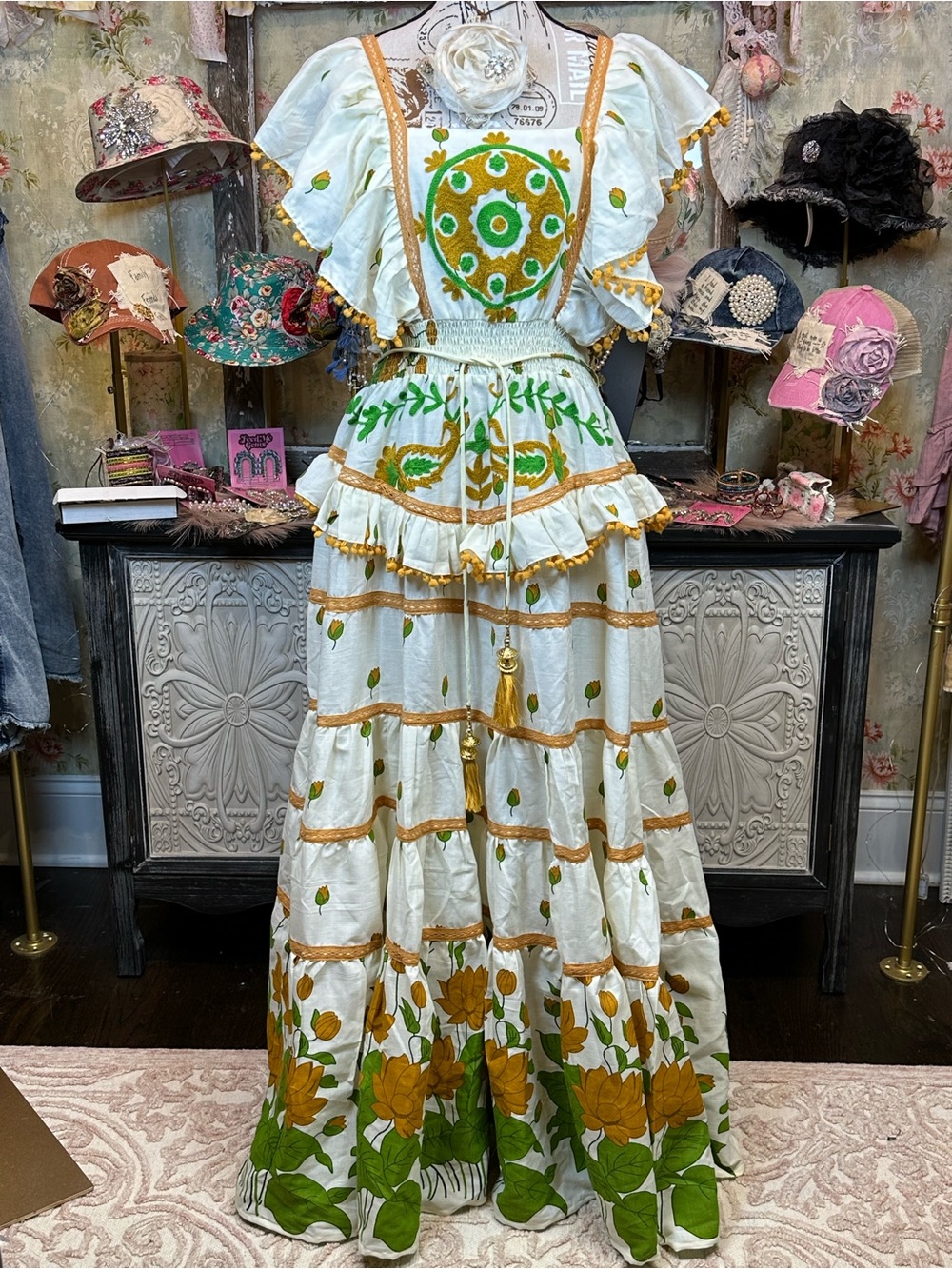Bohemian White Maxi Dress with Yellow & Green Floral Embroidery